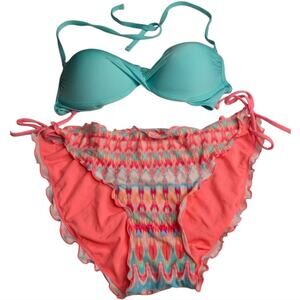 Bohemian Batik Print Cheeky Ruffle Trim Side Tie‎ Bikini And Aqua Halter Top XL